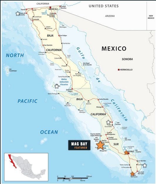 Map of Baja California fishing grounds from the Coronado Islands to Land's End